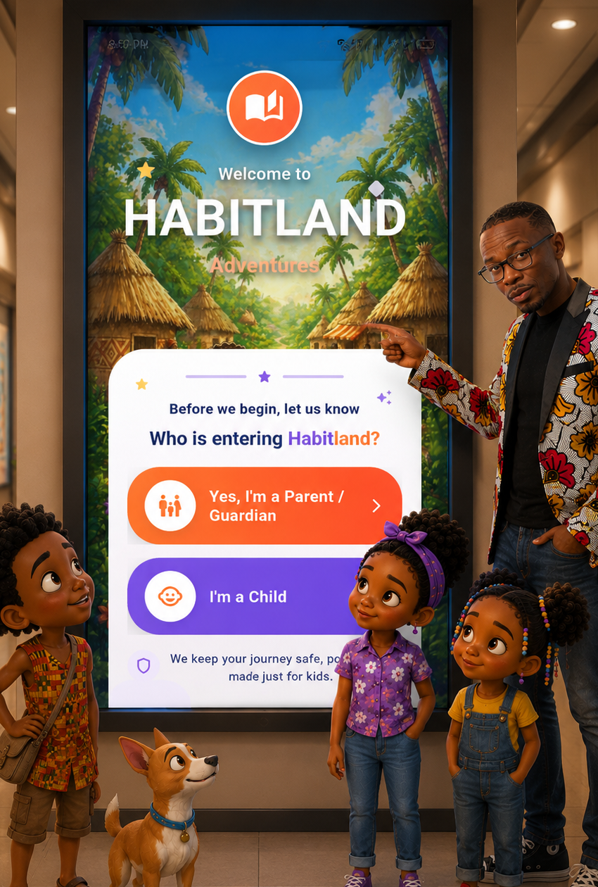 Habitland characters gathered around a screen